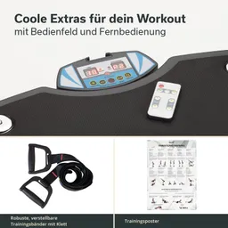 Bedienfeld mit Digitalanzeige und Fernbedienung, verstellbare Trainingsbänder mit Klett und Trainingsposter.