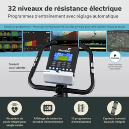 Fitnessgerät mit Display, 32 Widerstandsniveaus, Tablet-Halterung und integrierten Pulssensoren. Informationen zu Trainingsprogrammen.