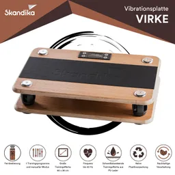 Vibrationsplatte auf einem weißen Hintergrund, mit schwarzem und holzfarbenem Design. Display und Icons unten.