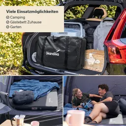 Kofferraum eines Autos mit Taschen, einer Kühlbox und einem Korb. Unten links ein Luftbett und Decken im Zelt. Zwei Personen sitzen entspannt im Zelt.