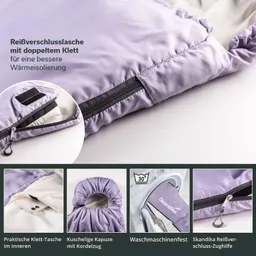 Lila Decke mit Reißverschluss und Klettverschlüssen, begleitet von Nutzungshinweisen und Waschmaschinenanleitung.