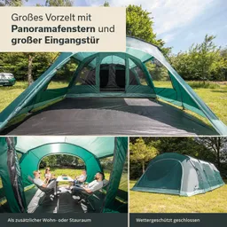 Ein großes, grünes Vorzelt mit Panoramafenstern und einem großen Eingang. Im Inneren sind vier Personen am Tisch. Rechts ist eine Seitenansicht des Zeltes zu sehen.
