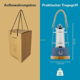Aufbewahrungsbox aus Karton mit Tragegriff und einer Lampe daneben, die Abmessungen und Gewicht zeigt.