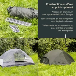 Zeltmaterialien, Zeltstangen und ein aufgebautes Zelt im Freien, umgeben von Gras und Bäumen.