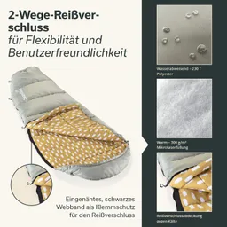Schlafsack mit einem grauen Außenmaterial und einem gelben Innenfutter mit Muster. Informationen über Funktionen sind beigelegt.