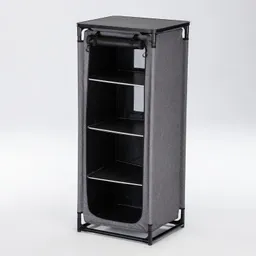 Schrank mit grauem Stoff, vier offenen Regalen und schwarzer oberer Platte, auf einem schwarzen Gestell.