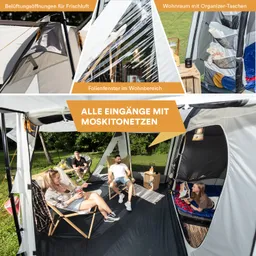Zelt mit verschiedenen Bereichen: Wohnraum mit Organizer-Taschen, Moskito-Netzen an allen Eingängen, und Menschen in entspannter Atmosphäre.