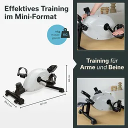Mini-Heimtrainingsgerät in Weiß mit Pedalen, Daten zu Gewicht und Abmessungen. Zwei Bilder, eins mit Hand und Gerät.