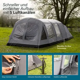 Zelt in grauer Farbe mit großen Fenstern steht auf einer Wiese. Darunter sind drei Bilder: ein Ventil, eine Pumpe und ein stabiler Luftkanal.