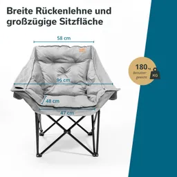 Faltstuhl mit breiter Rückenlehne und gepolsterter Sitzfläche. Es sind Maße (B 58 cm, T 96 cm) und max. Benutzergewicht (180 kg) angegeben.