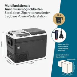 Kühltasche mit vielfältigen Anschlussmöglichkeiten, Abmessungen 73,4 x 39,6 x 54,4 cm und 36 Litern Volumen.
