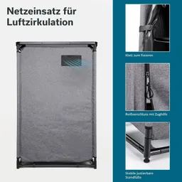 Netzeinsatz für Luftzirkulation in Grau, mit Klettverschluss, Reißverschluss und stabilen Standfüßen.