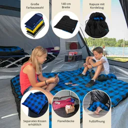 Zeltinneneinrichtung mit zwei Kindern, die Karten spielen. Blaue und schwarze Schlafsäcke sowie eine Flanelldecke sichtbar.