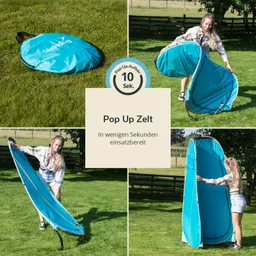 Pop-Up-Zelt in verschiedenen Aufbaustufen, dargestellt durch eine Person im Freien. Zelt in leuchtendem Blau.