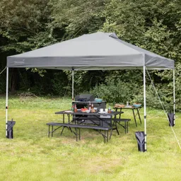 Ein grauer Pavillon steht auf einer Wiese, darunter ein Tisch mit Geschirr und Lebensmitteln sowie ein Grill. Im Hintergrund Bäume.