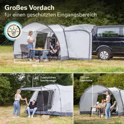 Großes Vorzelt mit Sitzgruppe, Tisch und Sonnensegel, neben einem Fahrzeug auf Wiese. Höhe 225 cm, Maße 300 x 100 cm.