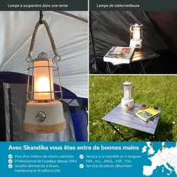Drei Bilder von einer Lampe: eine hängende Lampe in einem Zelt, eine Tischlampe auf einem Klapptisch, eine Lampe auf einer Wiese.