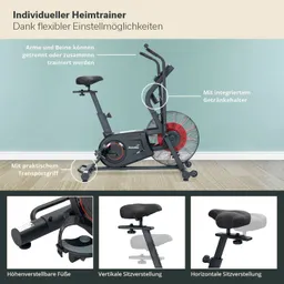 Heimtrainer mit verstellbarem Sitz, Transportgriff und integriertem Getränkehalter. Arme und Beine können separat trainiert werden.