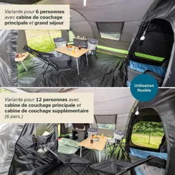 Zeltinnenseite mit Möbeln: ein Tisch mit Stühlen, Schlafkabinen und hellen Fenstern. Oben für 6, unten für 12 Personen dargestellt.