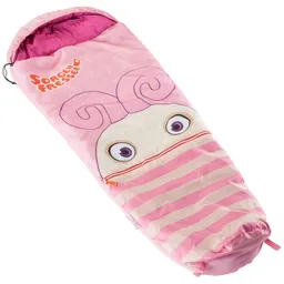 Schlafsack in Rosa mit einem aufgedruckten Gesicht und gestreiftem Muster. Oben runde Kopfform, große Augen.