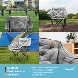 Faltstuhl in Grau auf verschiedenen Hintergründen: Fußballfeld, Holzterrasse und Zeltplatz. Herstellerlogo sichtbar.