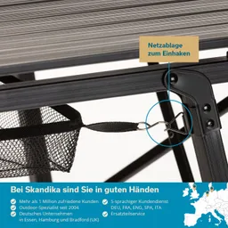 Eine Netzablage mit einhakbarem System an einem Tischgestell. Angezeigte Informationen zu Skandika und Standortkarte.