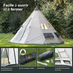 Zelt in Form eines Tipis auf einer Wiese, umgeben von Bäumen. Darunter befinden sich Informationen zu einem Moskitonetz, einem stabilen Transportbeutel und Zubehör.
