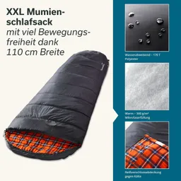 XXL Mumenschlafsack in schwarz mit kariertem Innenfutter. Informationen zu Wasserabweisung, Füllmaterial und Kälteschutz.