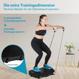 Person auf einer Trainingsplattform in Sportkleidung mit Fitnessbändern. Im Hintergrund eine Pflanze und ein Tisch.