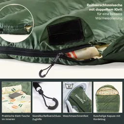 Grüner Schlafsack mit doppeltem Klettverschluss, Reißverschluss, Taschen und abnehmbarer Kapuze. Waschmaschinenfest.