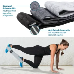 Bilder von widerstandsfähigen, elastischen Fitnessbändern in verschiedenen Farben, eine Person führt eine Übung durch.