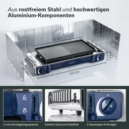 Grillgerät aus rostfreiem Stahl mit Aluminium-Komponenten, mit Maßangaben. Zusätzlich zwei Detailansichten von Sicherheitsfunktionen.