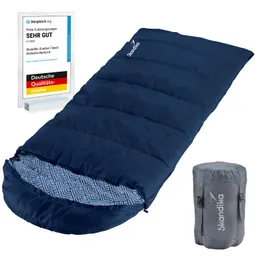 Blauer Schlafsack mit gestepptem Design und einem inneren Muster. Dazu ein grauer Packsack, beide mit Logo. Auszeichnung im Hintergrund.