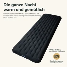 Schwarze, aufgeblasene Luftmatratze mit einer gesteppten Struktur, daneben Informationen zu Materialeigenschaften.