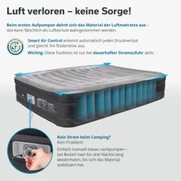 Luftmatratze mit grauem Bezug und blauem Luftkammerdesign, daneben Bedienfeld mit Pumpenanschluss. Anleitung zur Nutzung.