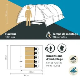 Zelt mit einer Höhe von 183 cm, Maßen und Details zur Montagezeit und Packgröße. Grafische Darstellungen.