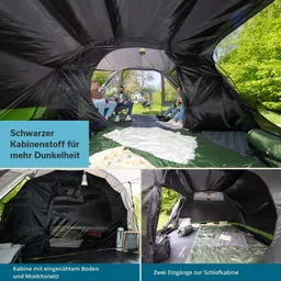 Großes Zelt mit schwarzem Innenstoff, eingehäuftem Boden und zwei Schlafkabinen. Drei Personen sitzen im Zelt.