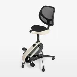 Schreibtischstuhl mit integriertem Fahrradtrainer. Ergonomische Sitzfläche, atmungsaktive Rückenlehne und Pedale.