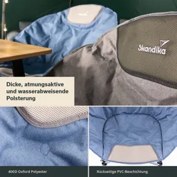 Zwei Sessel mit dickem, atmungsaktivem Bezug in Blau und Grau vor einem Zelt. Materialien sind beschichtet und wasserabweisend.
