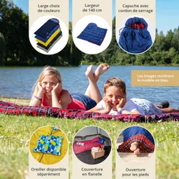 Zwei Kinder liegen auf einer Decke am Ufer eines Sees. Um sie herum sind Informationen zu einem Schlafsack mit verschiedenen Designs und Eigenschaften dargestellt.
