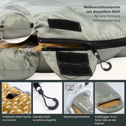 Schlafsack mit doppeltem Klettverschluss, Reißverschluss und Innentasche. Waschmaschinenfest. Falten an der Kapuze.