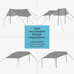 Graues Zelt in verschiedenen Aufstellmöglichkeiten, umgeben von fünf Illustrationen und einem blauen Textfeld.