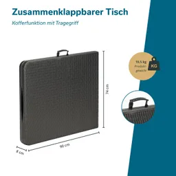 Zusammenklappbarer Tisch in einer kompakten, tragbaren Form. Maße: 90 cm x 74 cm x 8 cm, Gewicht 10,5 kg.