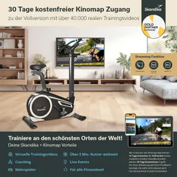 Ein Heimtrainer steht auf einem Holzfußboden. Im Hintergrund befindet sich ein Fernseher, der Trainingsvideos zeigt. Rechts sind Informationen über Kinomap und Vorteile abgebildet, mit Icons für Streaming-Funktionen.