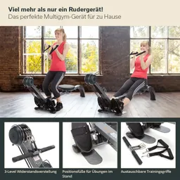 Multigym-Gerät in einem Raum mit großen Fenstern. Eine Person in rotem Oberteil und schwarzen Leggings nutzt das Gerät. Detaillierte Ansichten von Geräteteilen.