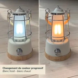 Eine Lampe mit einem Glaszylinder in einem Metallgitter, auf einem weißen und holzfarbigen Sockel. Links kühles Licht, rechts warmes Licht.