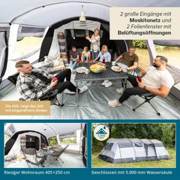 Zelt mit zwei großen Eingängen und Fenstern. Personen sitzen an einem Tisch, Snacks und Getränke sind auf dem Tisch.