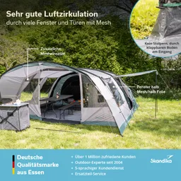 Zelt mit mehreren Fenstern und Türen, Tisch und Stühlen im Freien, umgeben von grüner Wiese und Bäumen.