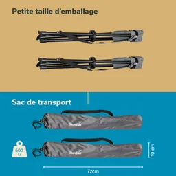 Faltbare Materialien zur Aufbewahrung, inklusive einem Tragetasche mit Maßen von 72 cm und 10 cm, Gewicht 600 g.