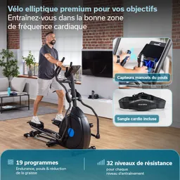 Elliptisches Fitnessgerät in einem modernen Raum. Eine Person nutzt das Gerät, Zubehör und Informationen darüber sind sichtbar.